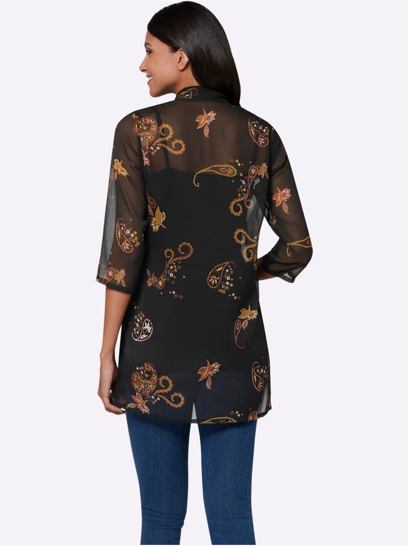 Chemisier long à col châle avec motif paisley et manches 3/4 - Taille standard - Moda Vilona Noir Orange - Kiabi