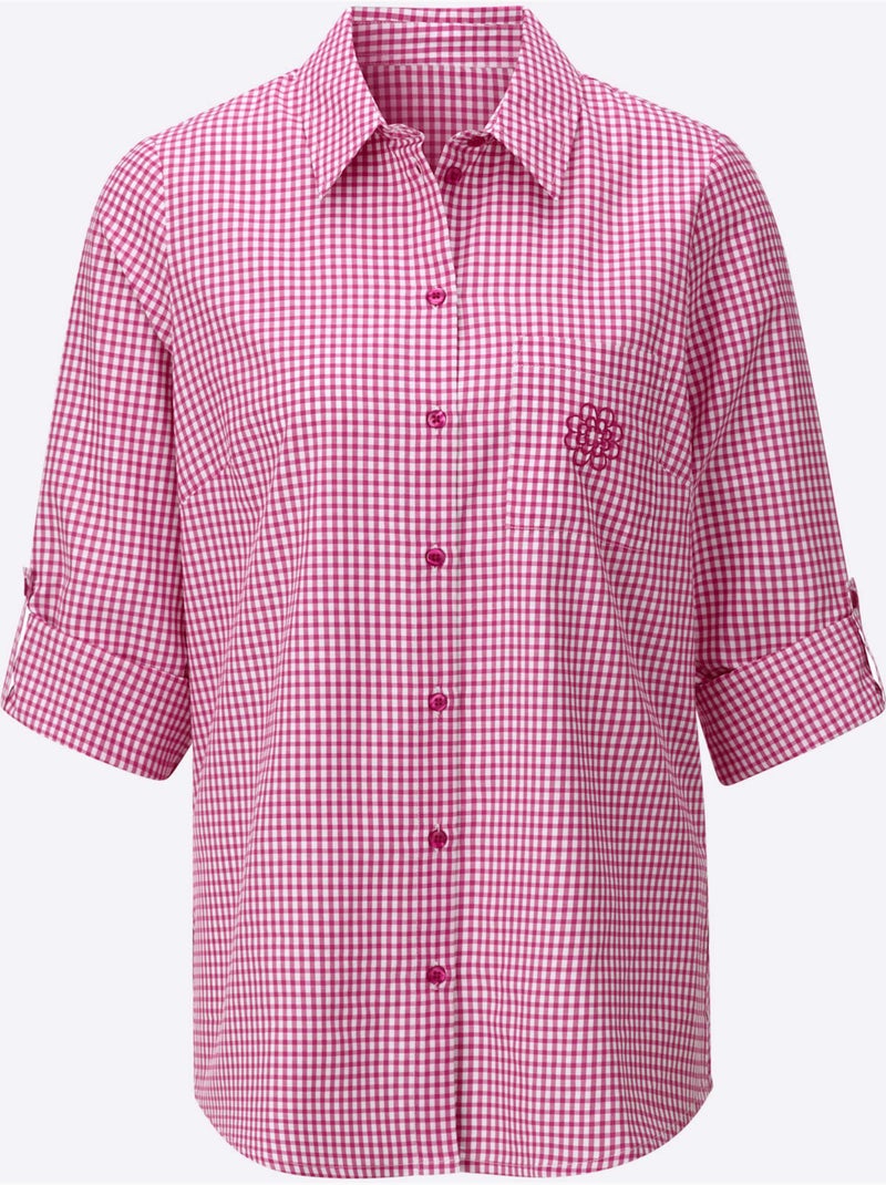 Chemisier long à col chemise avec broderie florale et manches ajustables - Taille standard - Witt Rose fushia - Kiabi