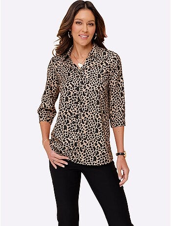 Chemisier long à col chemise avec manches 3/4 et motif animal - Taille standard - Moda Vilona
