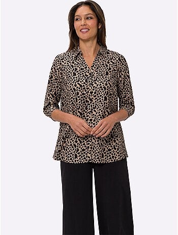 Chemisier long à col chemise avec manches 3/4 et motif animal - Taille standard - Moda Vilona