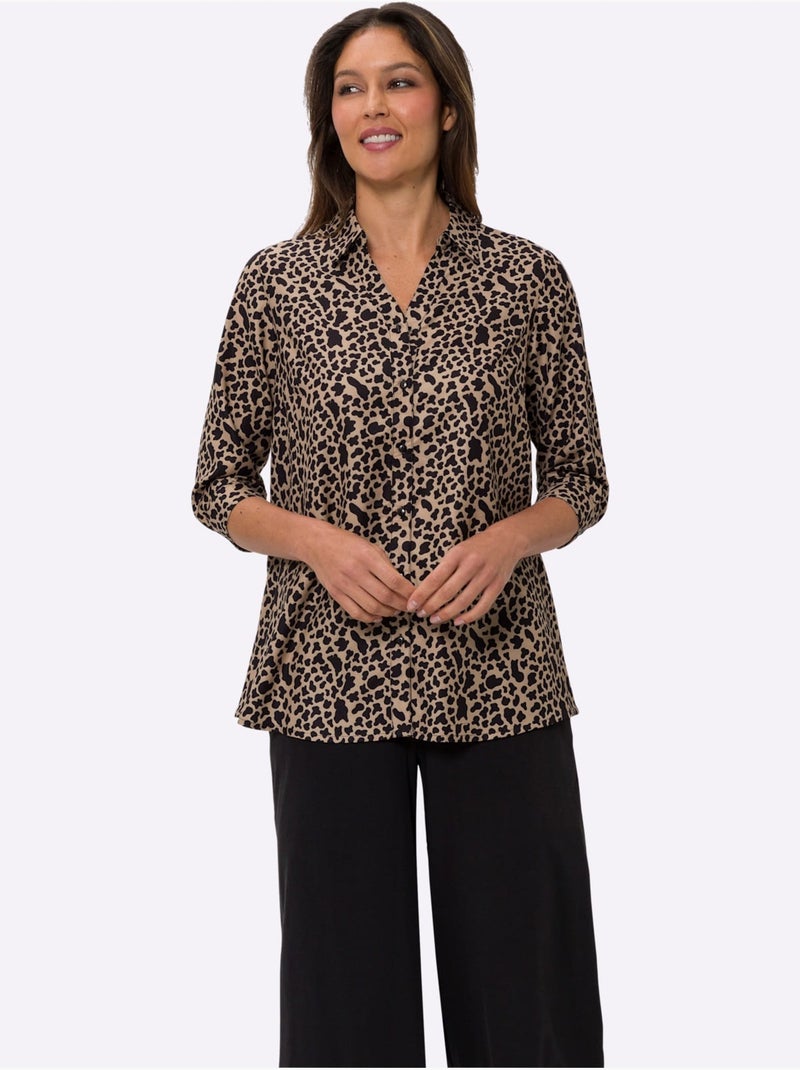 Chemisier long à col chemise avec manches 3/4 et motif animal - Taille standard - Moda Vilona Noir Marron - Kiabi