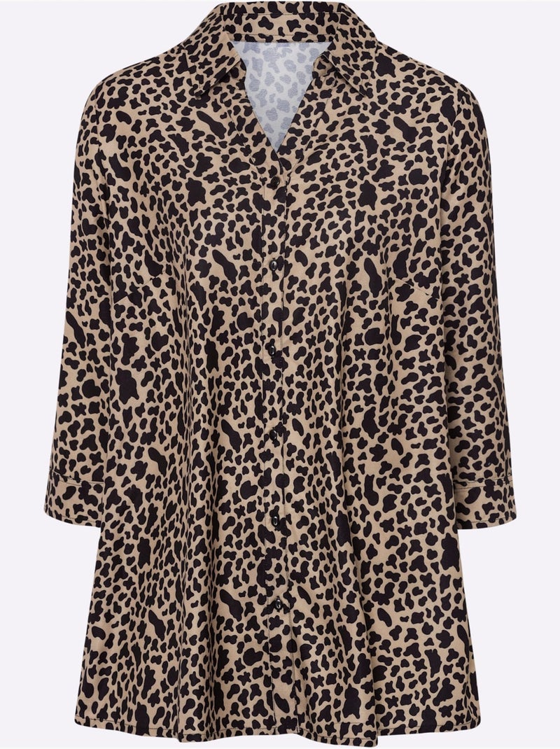 Chemisier long à col chemise avec manches 3/4 et motif animal - Taille standard - Moda Vilona Noir Marron - Kiabi
