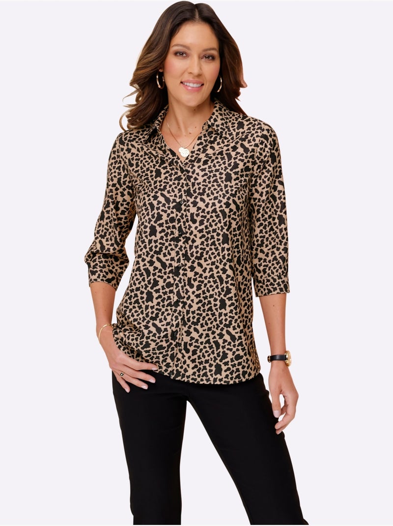 Chemisier long à col chemise avec manches 3/4 et motif animal - Taille standard - Moda Vilona Noir Marron - Kiabi
