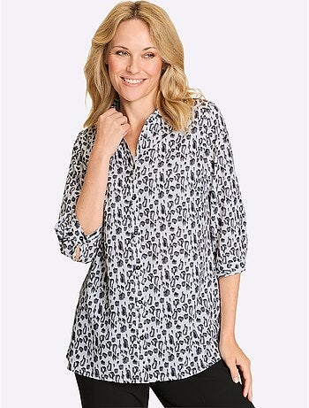 Chemisier long à col chemise et manches 3/4 avec motifs léopard - Taille standard - Moda Vilona