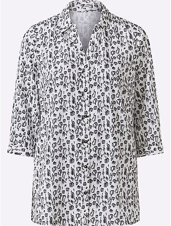 Chemisier long à col chemise et manches 3/4 avec motifs léopard - Taille standard - Moda Vilona