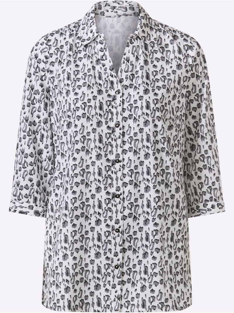 Chemisier long à col chemise et manches 3/4 avec motifs léopard - Taille standard - Moda Vilona Noir Ecru - Kiabi