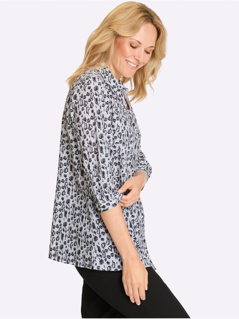 Chemisier long à col chemise et manches 3/4 avec motifs léopard - Taille standard - Moda Vilona Noir Ecru - Kiabi