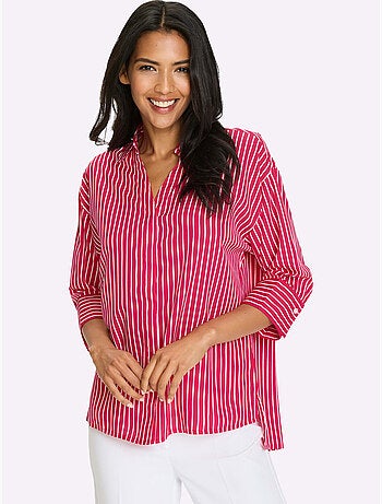 Chemisier long à col chemise et manches 3/4 rayé - Taille standard - Moda Vilona