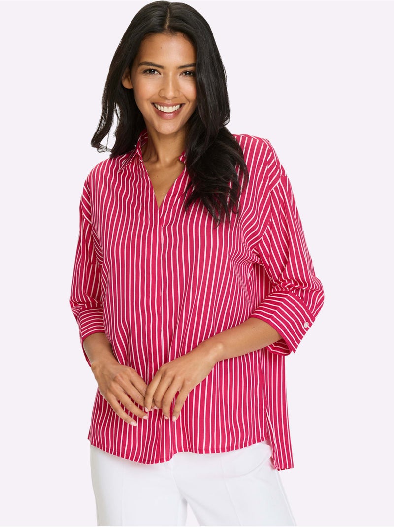 Chemisier long à col chemise et manches 3/4 rayé - Taille standard - Moda Vilona Blanc Rose - Kiabi