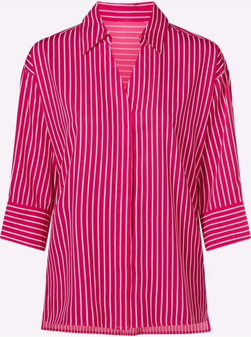 Chemisier long à col chemise et manches 3/4 rayé - Taille standard - Moda Vilona - Kiabi