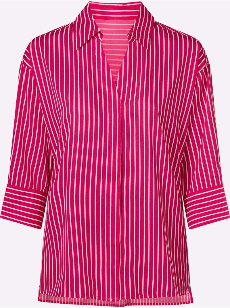Chemisier long à col chemise et manches 3/4 rayé - Taille standard - Moda Vilona Blanc Rose - Kiabi