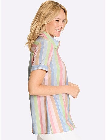 Chemisier long à col classique avec rayures et manches courtes - Taille standard - Moda Vilona