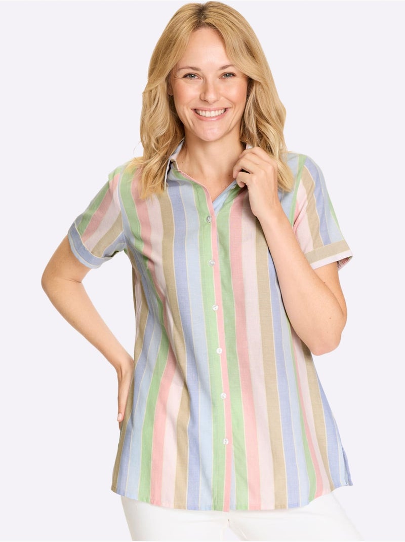 Chemisier long à col classique avec rayures et manches courtes - Taille standard - Moda Vilona Bleu Rose - Kiabi