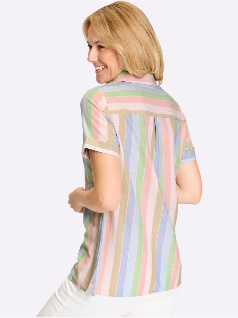 Chemisier long à col classique avec rayures et manches courtes - Taille standard - Moda Vilona Bleu Rose - Kiabi