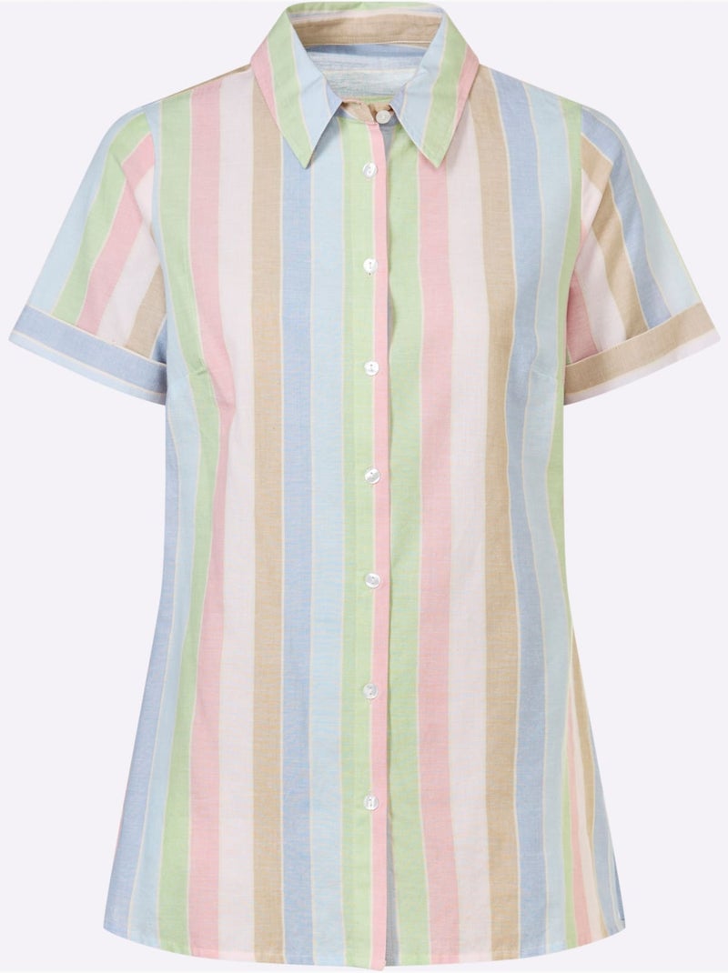 Chemisier long à col classique avec rayures et manches courtes - Taille standard - Moda Vilona Bleu Rose - Kiabi
