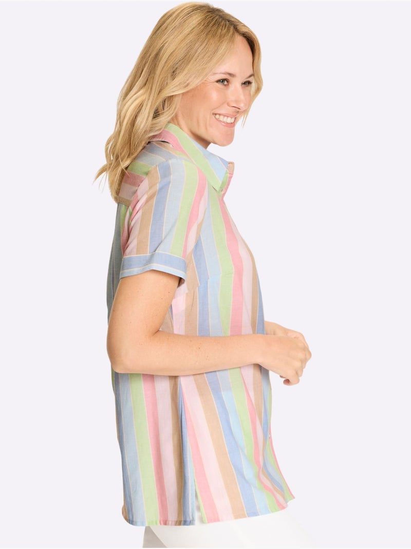 Chemisier long à col classique avec rayures et manches courtes - Taille standard - Moda Vilona Bleu Rose - Kiabi