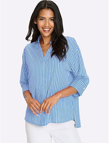 Chemisier long à col ouvert avec rayures et manches 3/4 - Taille standard - Moda Vilona