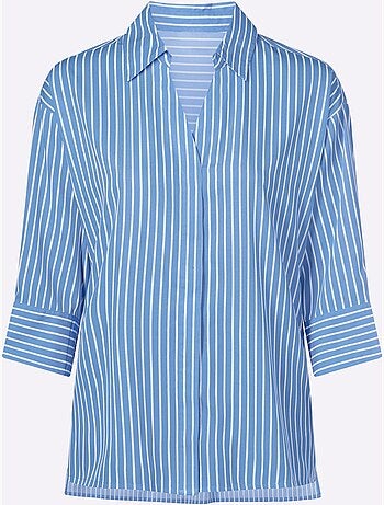 Chemisier long à col ouvert avec rayures et manches 3/4 - Taille standard - Moda Vilona