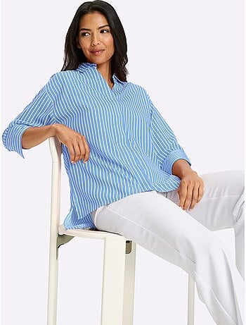 Chemisier long à col ouvert avec rayures et manches 3/4 - Taille standard - Moda Vilona
