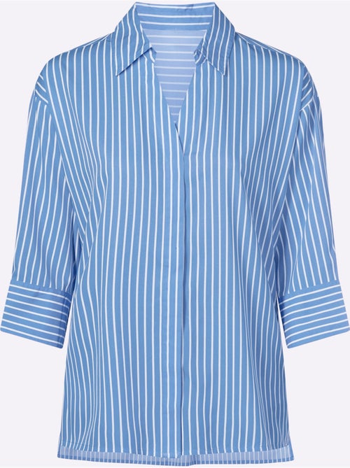 Chemisier long à col ouvert avec rayures et manches 3/4 - Taille standard - Moda Vilona - Kiabi Chemisier long à col ouvert avec rayures et manches 3/4 - Taille standard - Moda Vilona - Kiabi