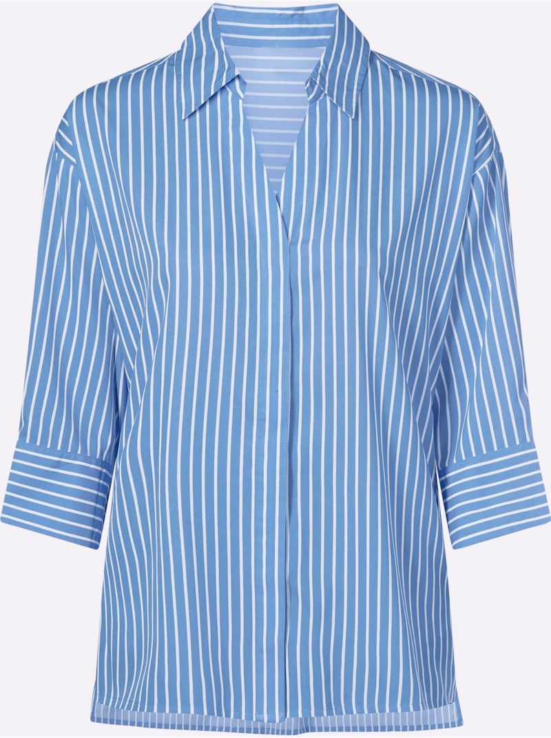 Chemisier long à col ouvert avec rayures et manches 3/4 - Taille standard - Moda Vilona Blanc Bleu - Kiabi