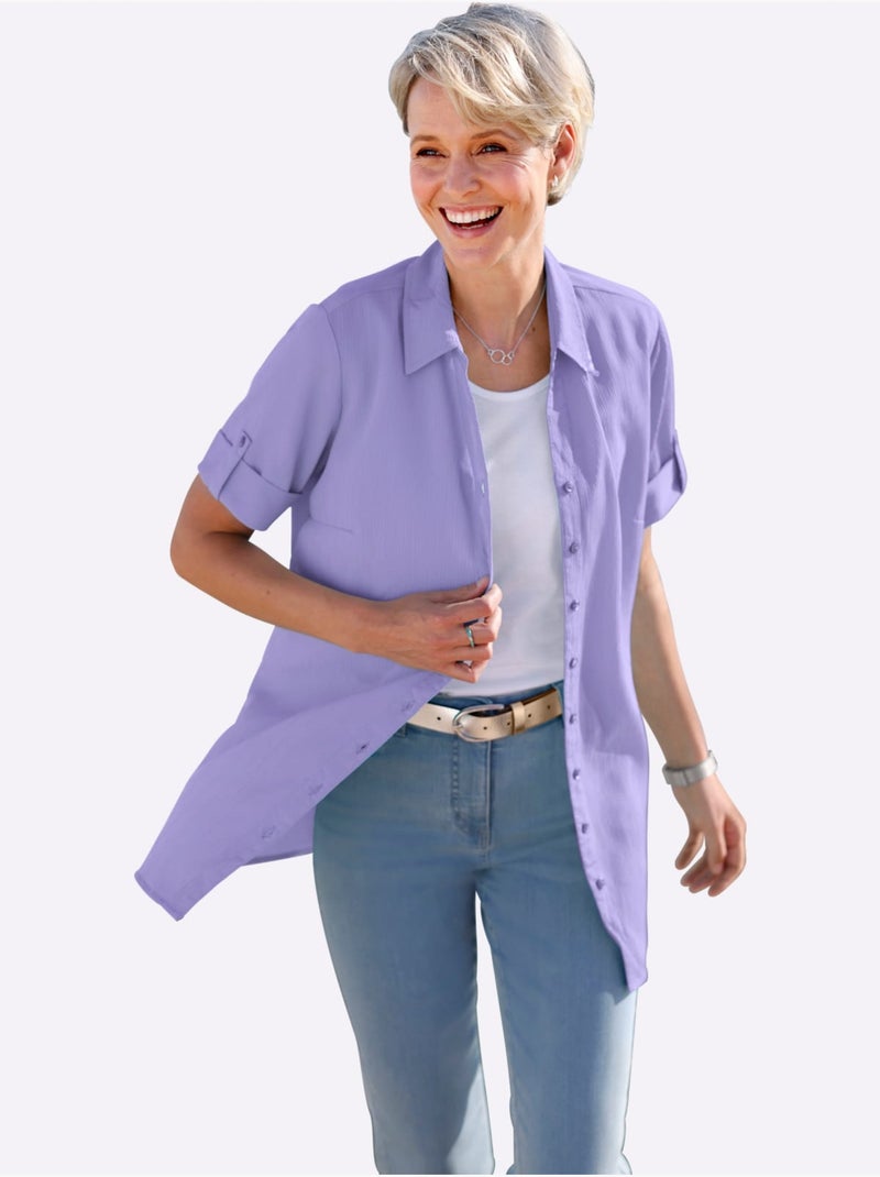 Chemisier long à col ouvert et manches courtes avec boutons - Taille standard - Moda Vilona Lavande - Kiabi