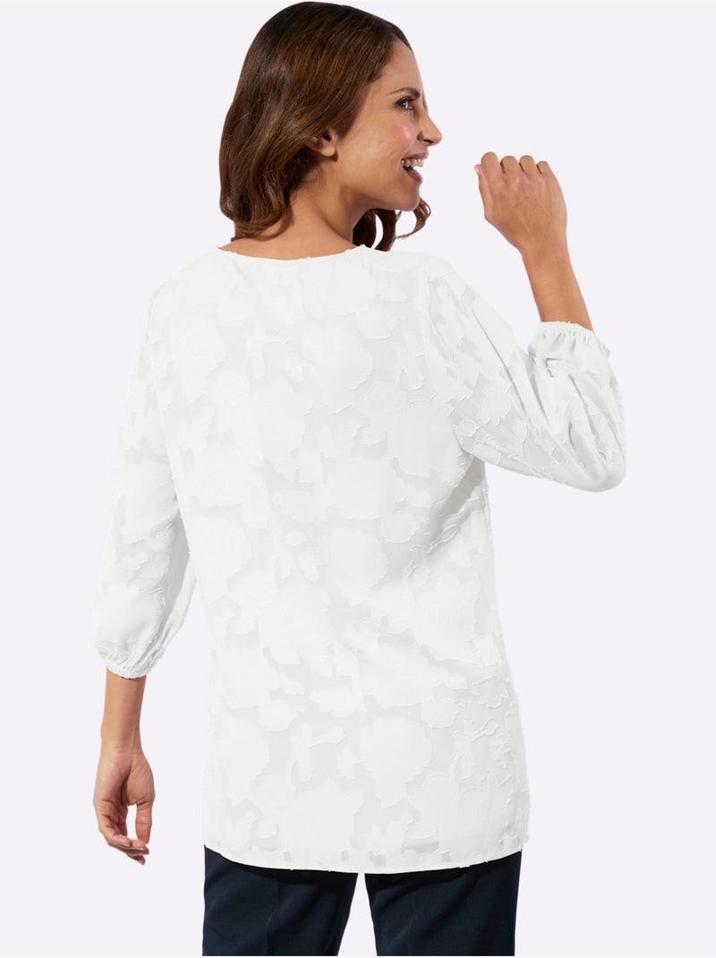 Chemisier long à col V et manches 3/4 avec motif jacquard - Taille standard - Witt Ecru - Kiabi
