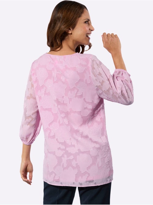 Chemisier long à col V et manches 3/4 transparentes avec motif jacquard - Taille standard - Witt - Kiabi Chemisier long à col V et manches 3/4 transparentes avec motif jacquard - Taille standard - Witt - Kiabi