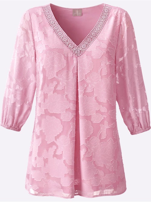 Chemisier long à col V et manches 3/4 transparentes avec motif jacquard - Taille standard - Witt - Kiabi Chemisier long à col V et manches 3/4 transparentes avec motif jacquard - Taille standard - Witt - Kiabi