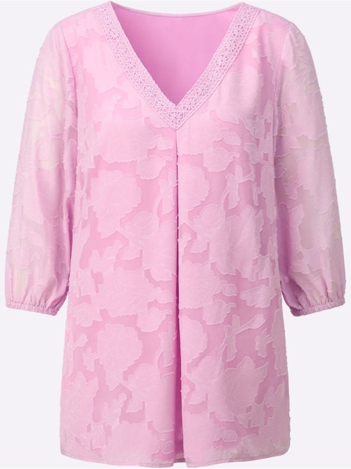 Chemisier long à col V et manches 3/4 transparentes avec motif jacquard - Taille standard - Witt - Kiabi Chemisier long à col V et manches 3/4 transparentes avec motif jacquard - Taille standard - Witt - Kiabi