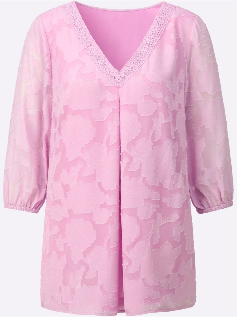 Chemisier long à col V et manches 3/4 transparentes avec motif jacquard - Taille standard - Witt Rose - Kiabi