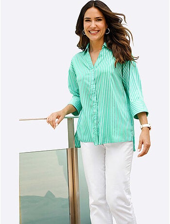 Chemisier long à col ouvert avec rayures et manches 3/4 - Taille standard - Moda Vilona