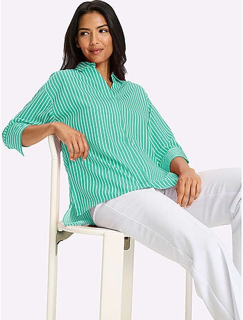 Chemisier long à col ouvert avec rayures et manches 3/4 - Taille standard - Moda Vilona