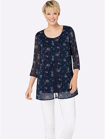 Chemisier long à manches 3/4 avec mousseline à motifs floraux - Taille standard - Moda Vilona