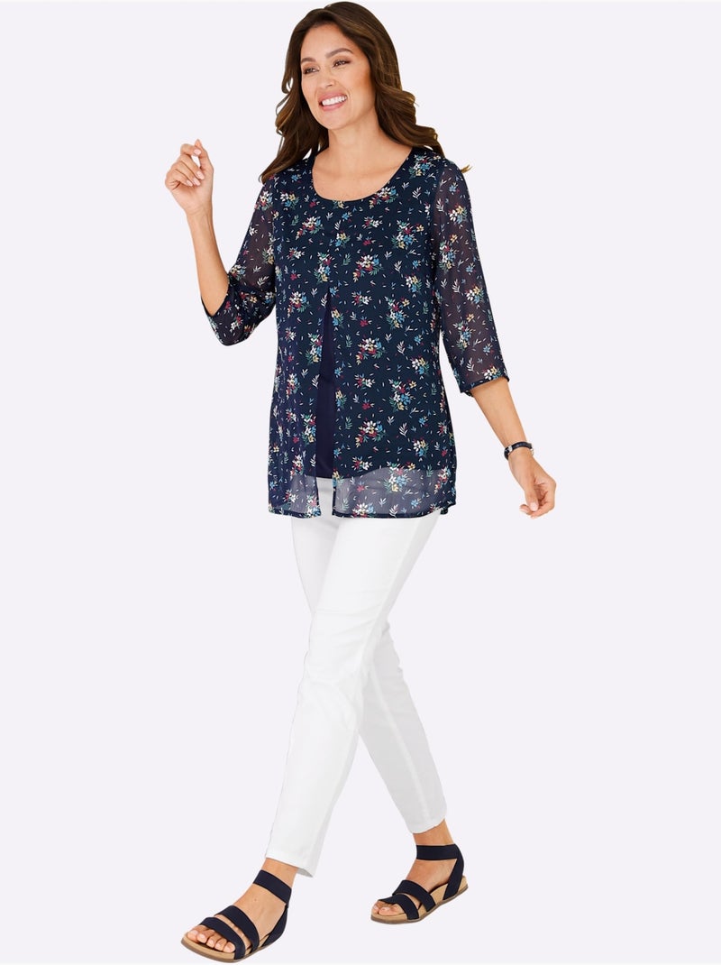 Chemisier long à manches 3/4 avec mousseline à motifs floraux - Taille standard - Moda Vilona Marine/Multicolore - Kiabi