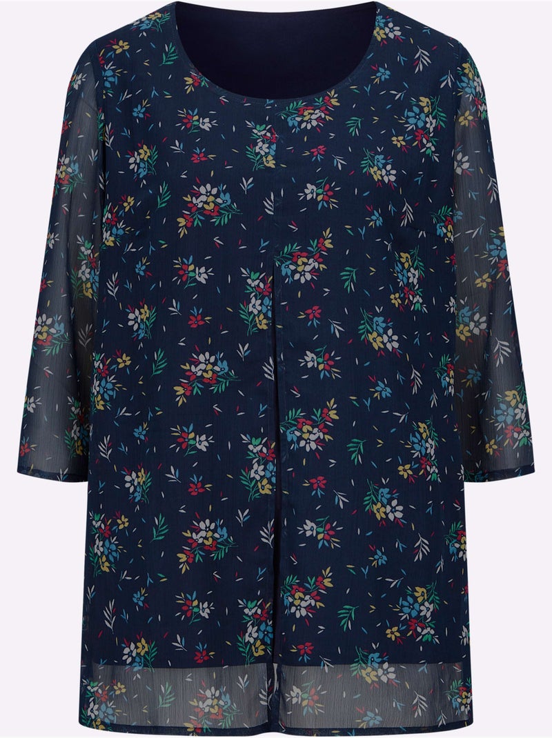 Chemisier long à manches 3/4 avec mousseline à motifs floraux - Taille standard - Moda Vilona Marine/Multicolore - Kiabi