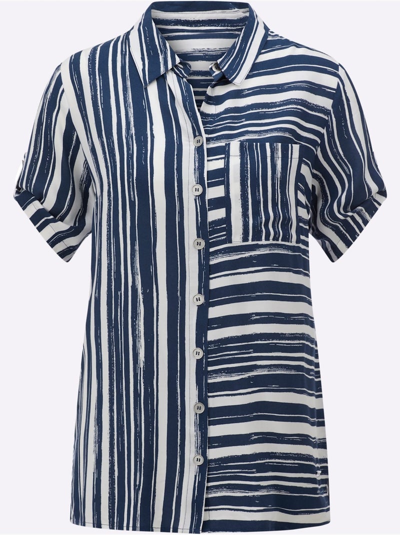 Chemisier long à rayures avec col chemise et manches courtes - Taille standard - Witt Ecru/Marine - Kiabi