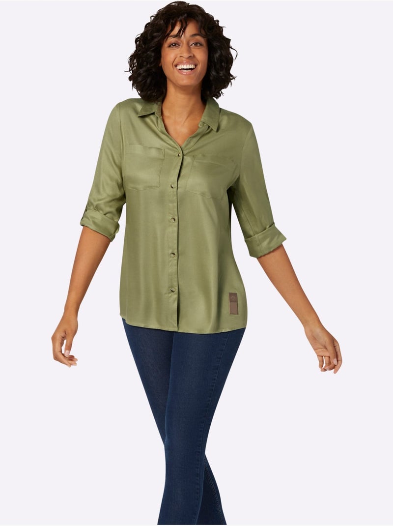Chemisier long avec col chemise et manches retroussables au 3/4 - Taille standard - Witt Bleu Vert Gris - Kiabi