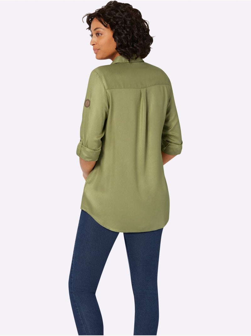 Chemisier long avec col chemise et manches retroussables au 3/4 - Taille standard - Witt Bleu Vert Gris - Kiabi
