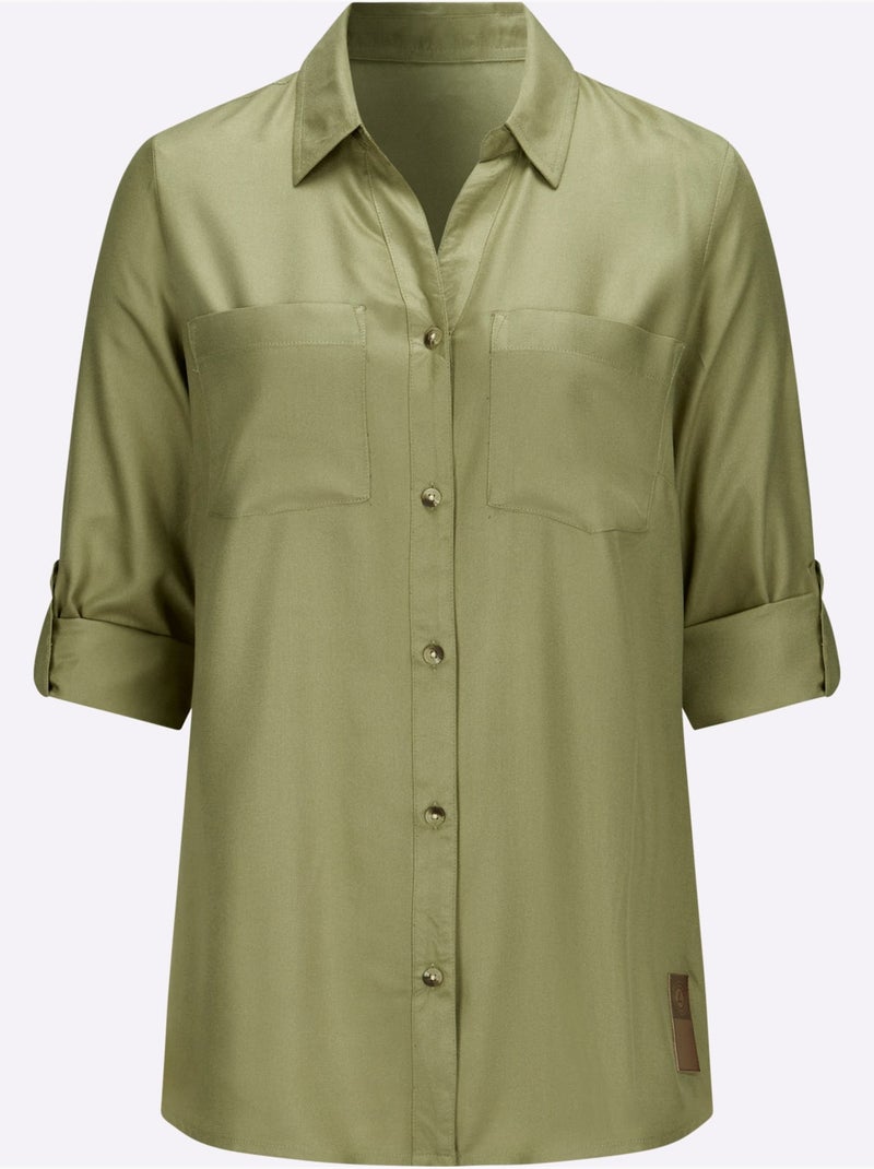 Chemisier long avec col chemise et manches retroussables au 3/4 - Taille standard - Witt Bleu Vert Gris - Kiabi
