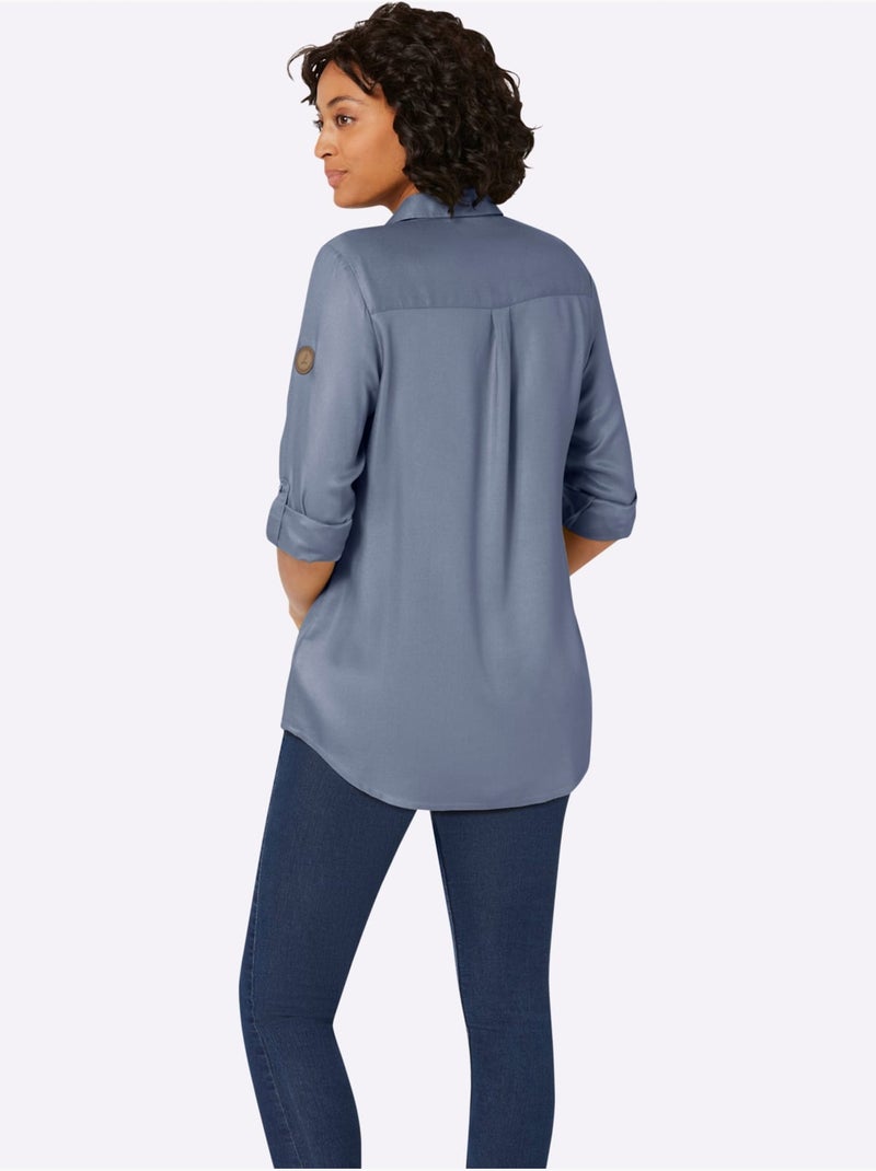 Chemisier long avec col chemise et manches retroussées à 3/4 - Taille standard - Witt Gris tourterelle - Kiabi
