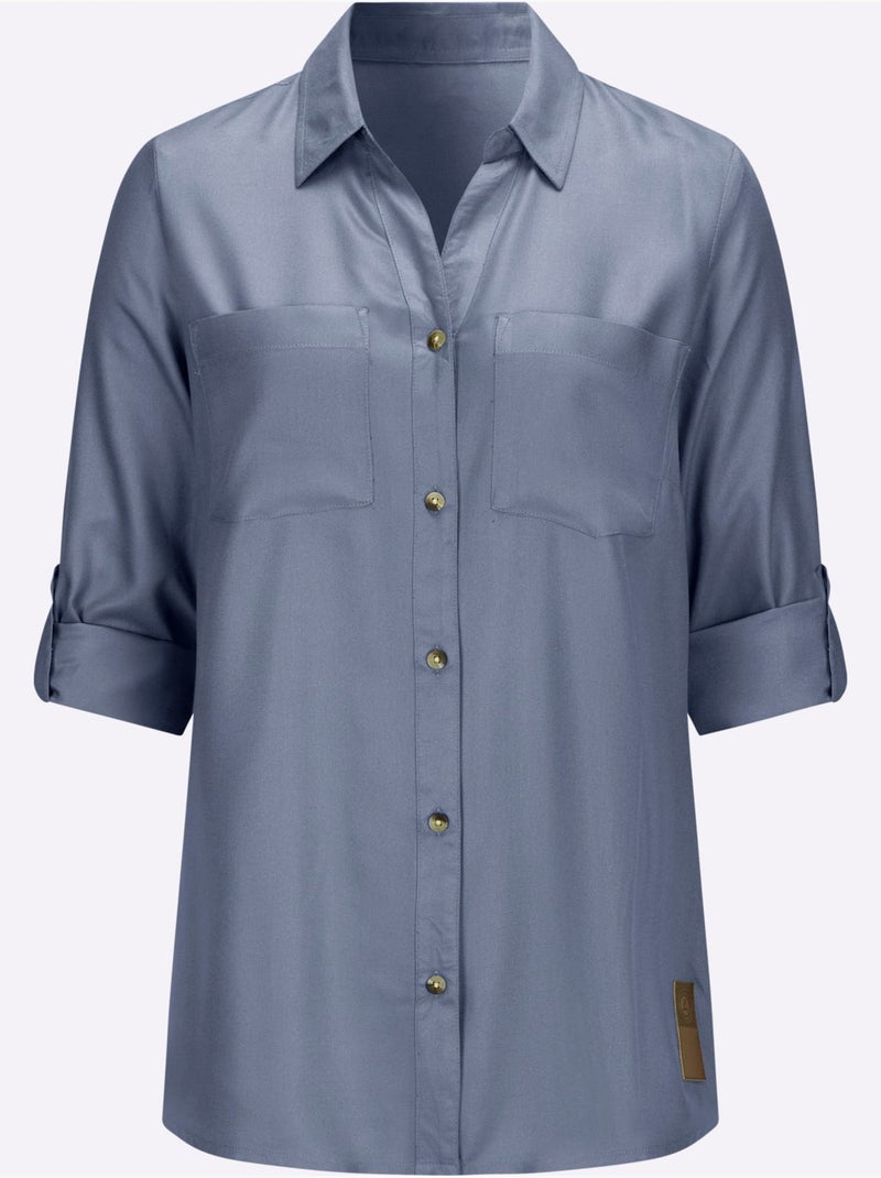 Chemisier long avec col chemise et manches retroussées à 3/4 - Taille standard - Witt Gris tourterelle - Kiabi