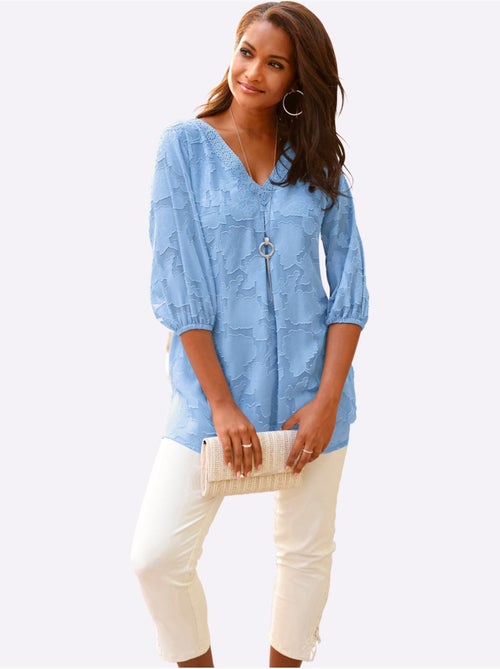 Chemisier long avec col V et manches 3/4 à motif jacquard - Taille standard - Witt - Kiabi