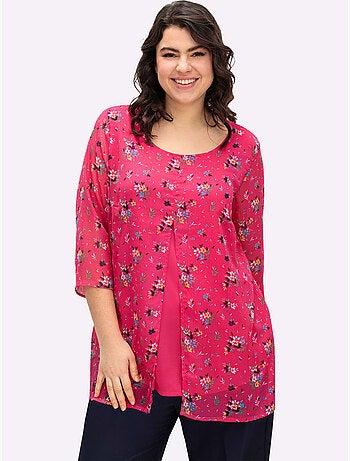 Chemisier long à manches 3/4 avec mousseline à motifs floraux - Taille standard - Moda Vilona