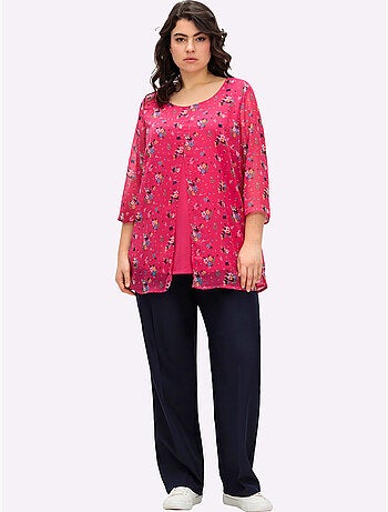 Chemisier long à manches 3/4 avec mousseline à motifs floraux - Taille standard - Moda Vilona