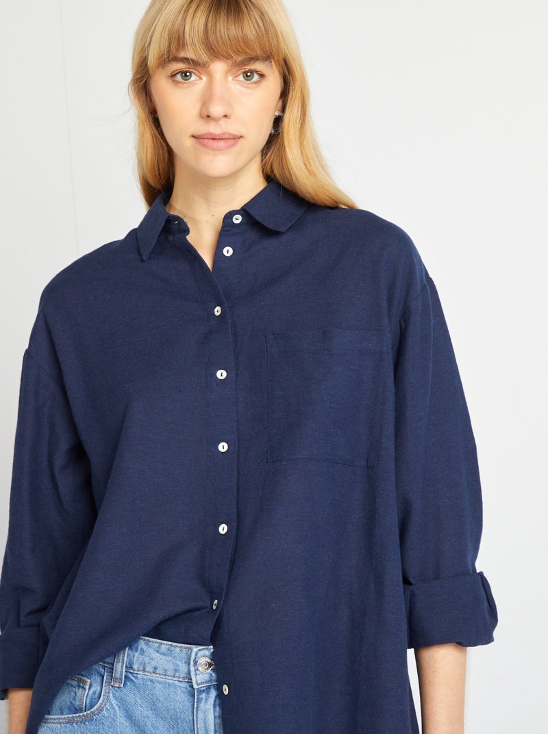 Chemisier long avec poche poitrine avec 20% de lin Bleu - Kiabi