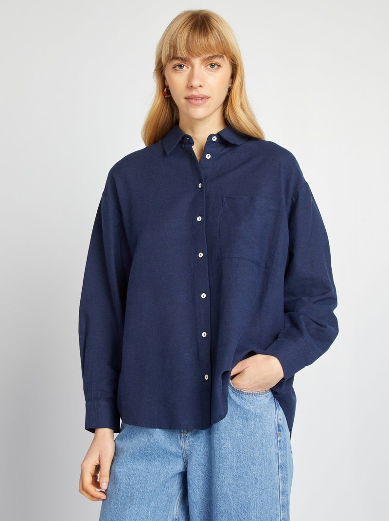 Chemisier long avec poche poitrine avec 20% de lin Bleu - Kiabi
