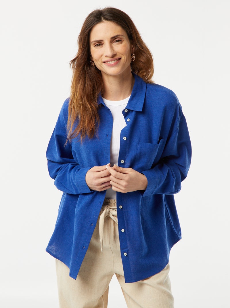 Chemisier long avec poche poitrine avec 20% de lin Bleu - Kiabi