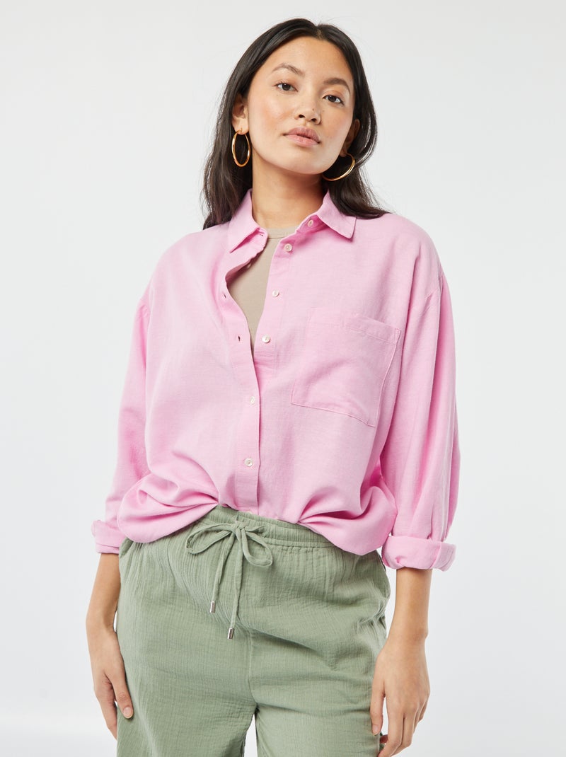 Chemisier long avec poche poitrine avec 20% de lin Rose - Kiabi