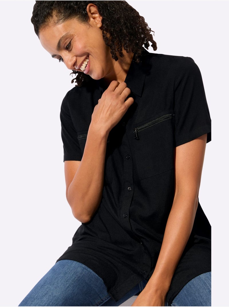 Chemisier long avec poches poitrine à glissière et col chemise - Taille standard - Witt Noir - Kiabi
